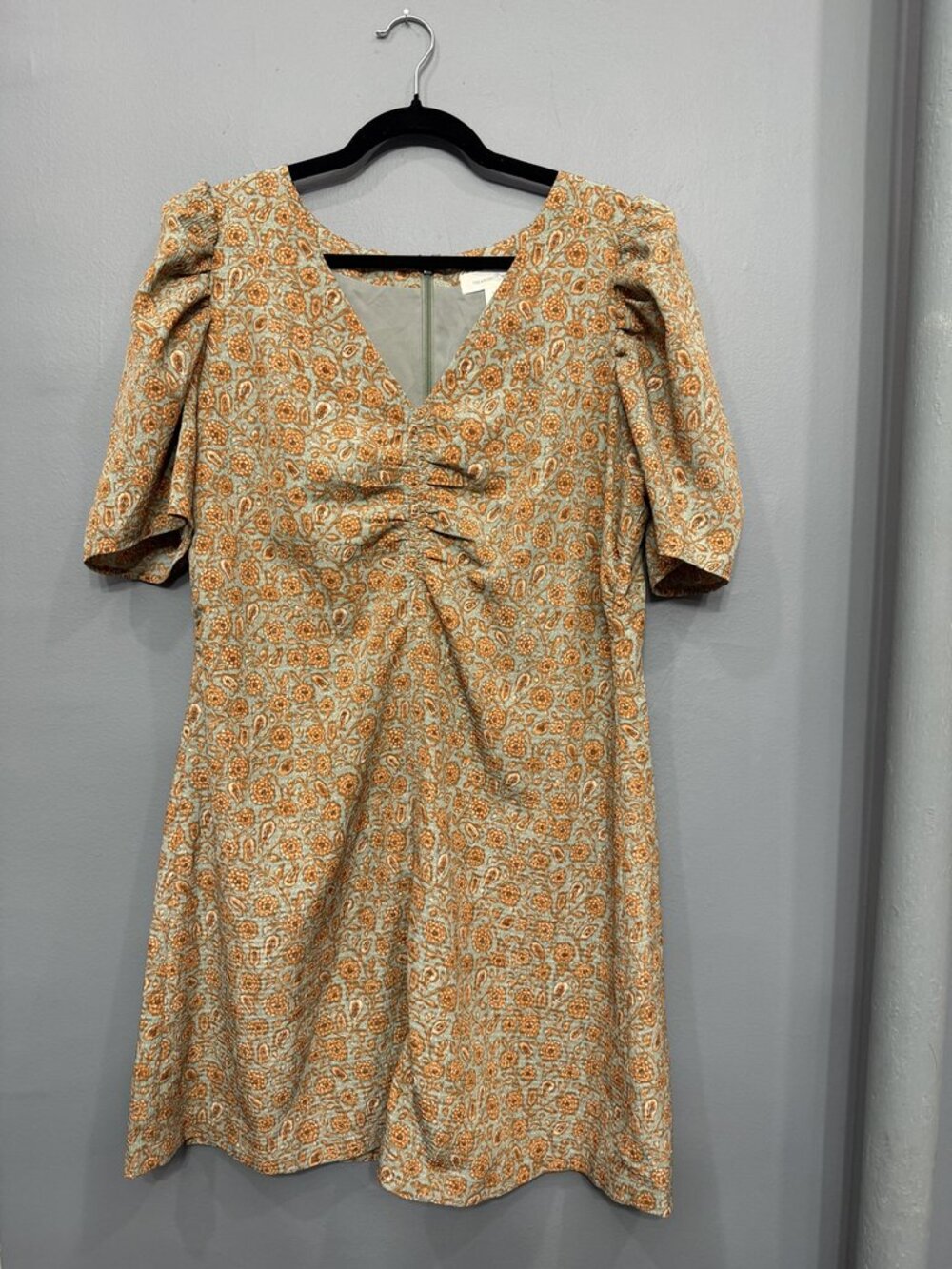 Treasure & Bond Orange Sage Paisley Puff Sleeve Ruched V-Neck Mini Dress XL
